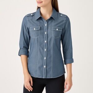 Wishful Park Denim Blue Button Front Roll Tab Shirt Women’s Large